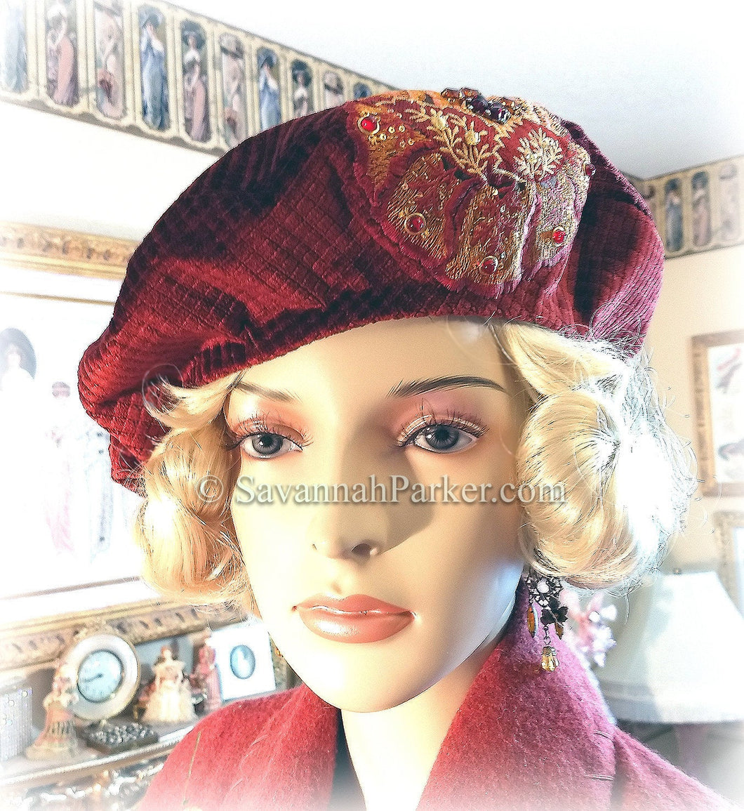SOLD 1920s Autumn Red French Silk Velvet Renaissance Beret Tam Hat, Lush Silk Velvet French Bohemian Hat, Jeweled Embroidery, Ready to Ship Hat