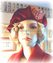 Load image into Gallery viewer, SOLD 1920s Autumn Red French Silk Velvet Renaissance Beret Tam Hat, Lush Silk Velvet French Bohemian Hat, Jeweled Embroidery, Ready to Ship Hat
