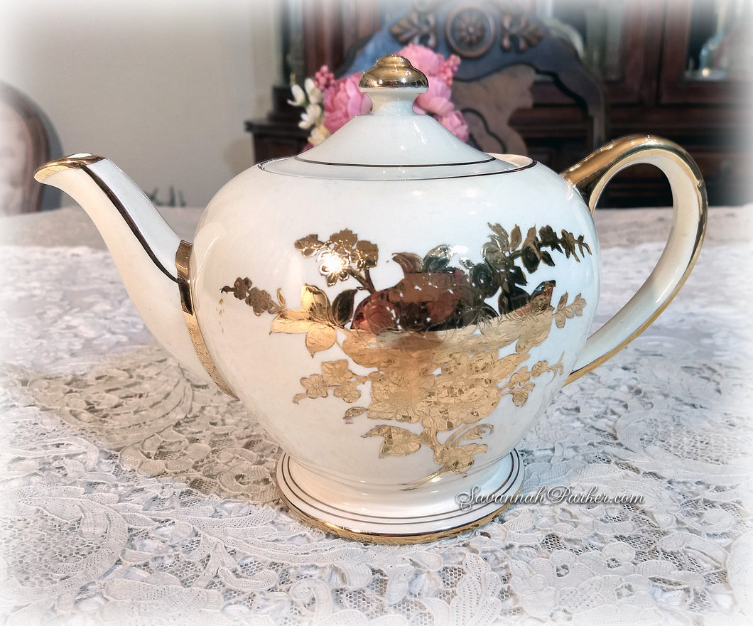 Exquisite Ivory Shimmering Gold Lustre Roses Vintage Sadler England Teapot, Handpainted, Shabby Chic Decor