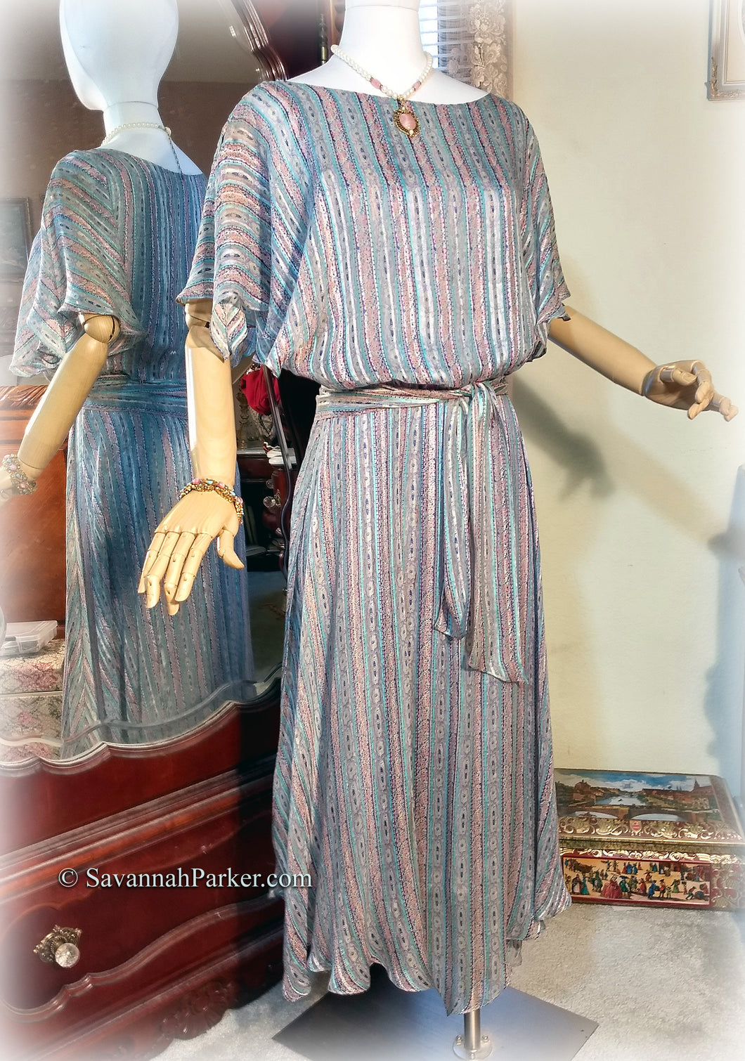 SOLD Exquisite Vintage 70s-80s Does 30s Dress / The Silk Farm Designed by Icinoo / Multilayered / Pink and Blue Sheer Silk / Handkerchief Hem