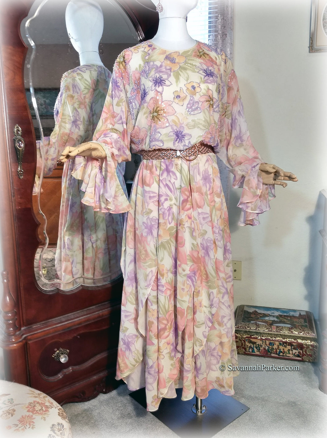 SOLD Beaded Vintage 70s-80s Silk / Designer Diane Freis / Pastel Floral Garden Party Dress / Multi Paneled Skirt / Silk Georgette/ Large Size