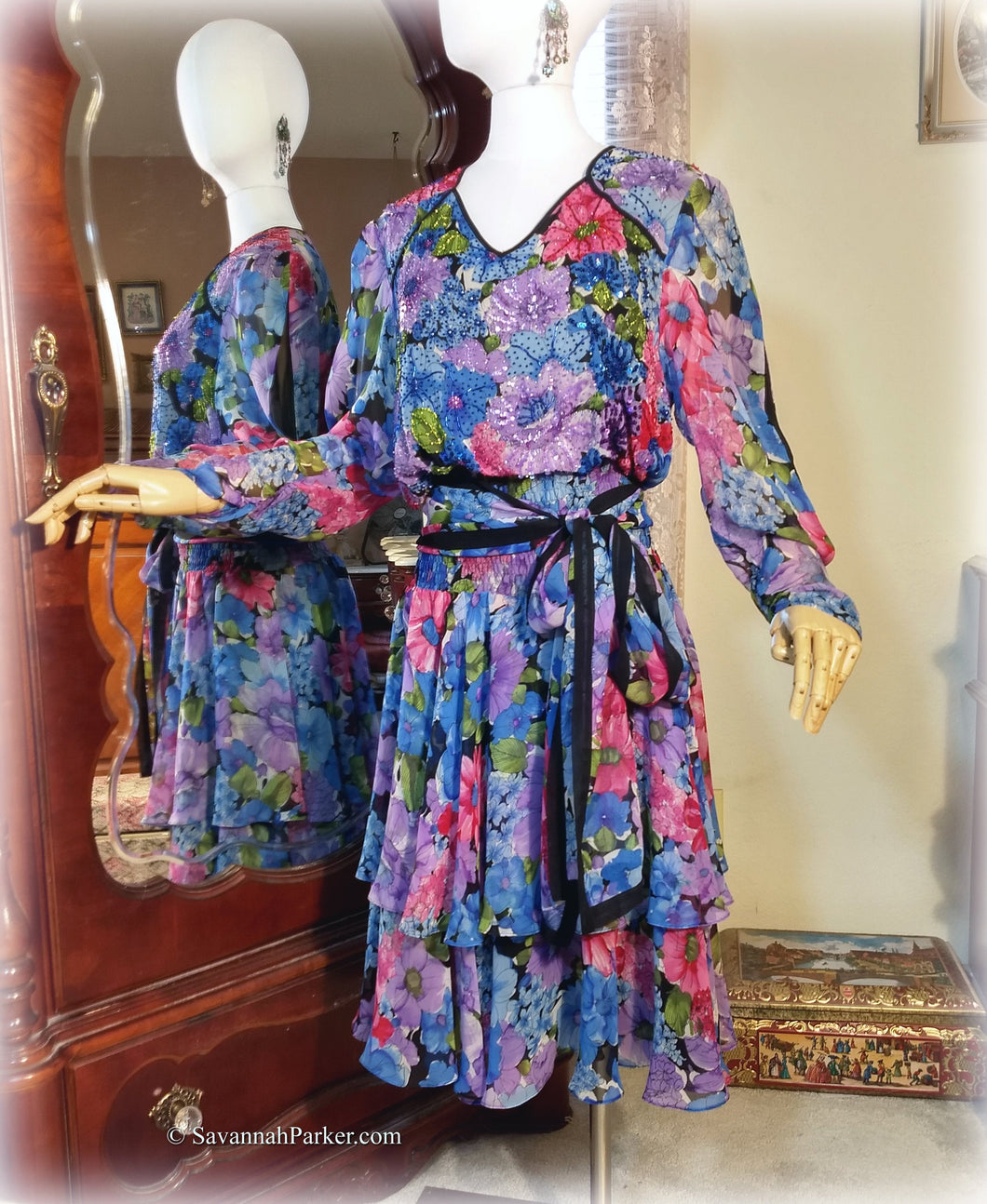 SOLD Flirty Beaded Vintage 70s-80s Silk / Designer Diane Freis / Vivid Florals Party Dress / Two Tiered Skirt / Silk Georgette