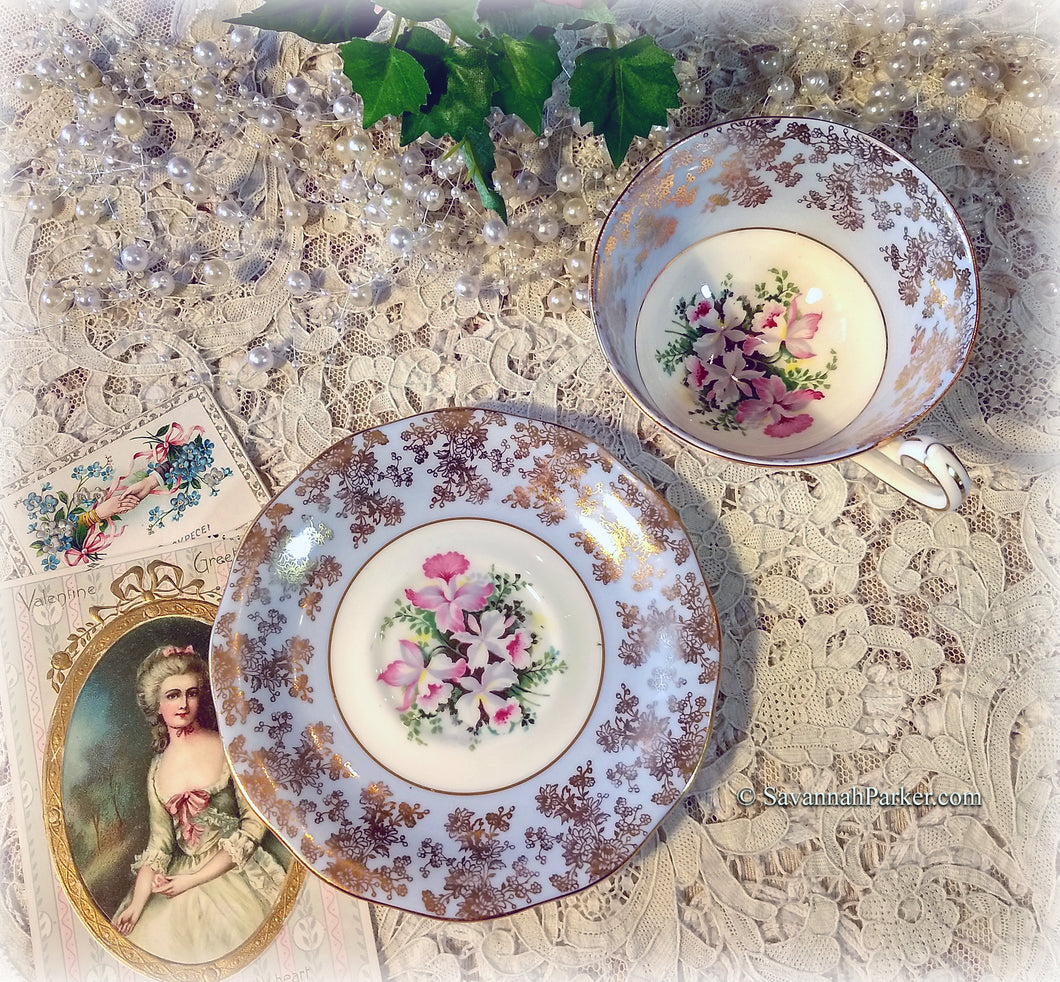 SOLD Lovely Vintage Blue and Gold Queen Anne English Bone China Set, Cup and Saucer, Orchid Flowers, Gold Lace Design, Bridesmaid Gift