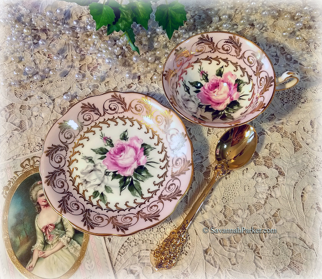 SOLD Gorgeous Rare Vintage Pink Roses/Gold Lace Lustre Foley English Bone China Set, Cup and Saucer, Handpainted, Exquisite Roses, Shabby Chic