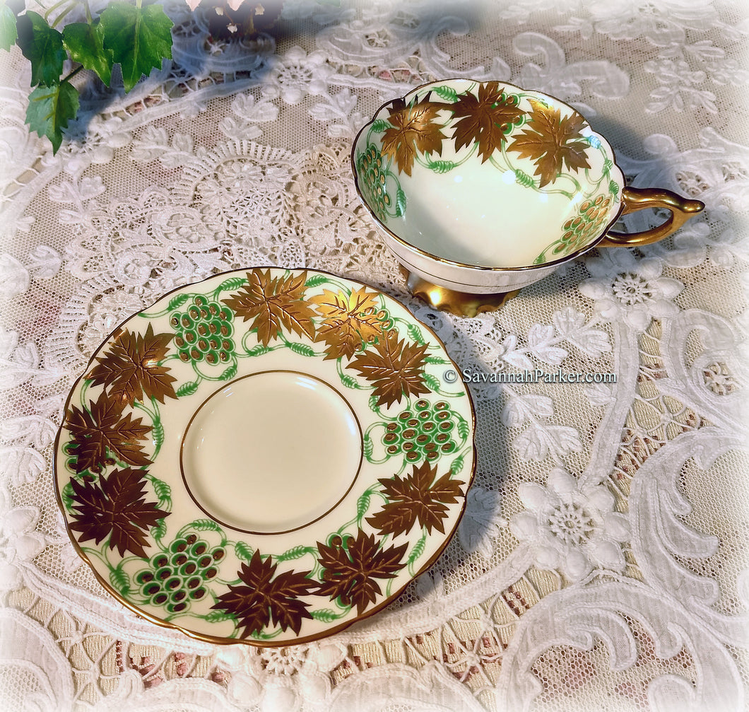 Stunning Vintage Royal Stafford La Vigne D'Or English Bone China Cup and Saucer set - Heavy Gold Gilding - Rich Detailed Design