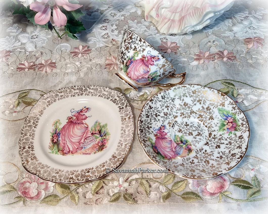 SOLD Lovely Vintage PINKIE Crinoline Lady English Bone China Tea Trio with 22KT Gold, Bridal Shower Wedding Gift, Shabby Chic Cottage Decor
