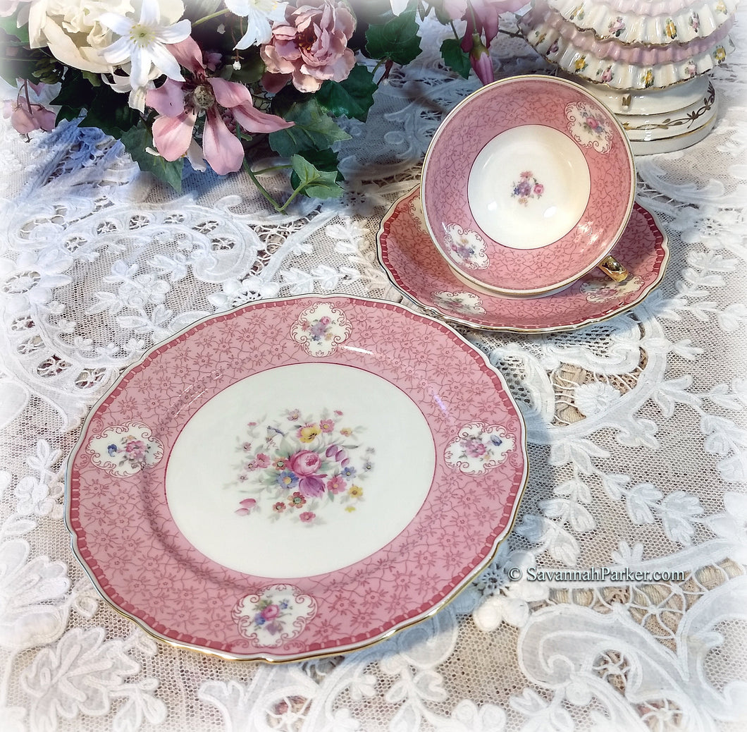 SOLD Beautiful Vintage Seltmann Weiden Bavarian China Pink Tea Trio, Cup, Saucer, Luncheon Plate, Shabby Chic Cottage Decor