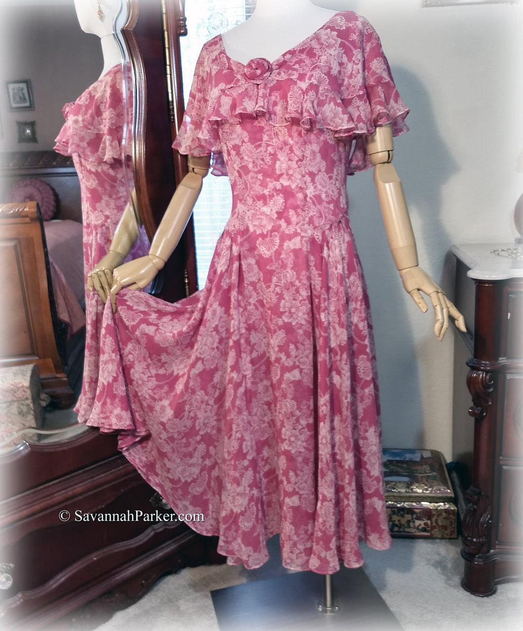 SOLD Fabulous Vintage 20s-30s Inspired Silk Chiffon Designer Nancy Johnson Raspberry Rose Pink Super Feminine Garden Party Dress