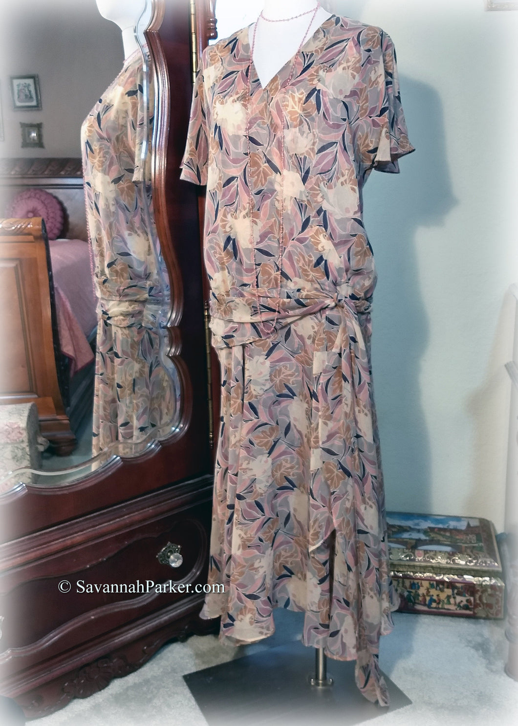 SOLD OUT Exquisite Art Deco Vintage 1920s Inspired Silk Chiffon Designer Nancy Johnson Pinks Blues Grey Vintage Style Print Garden Party Dress