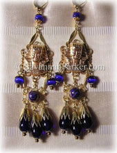 Load image into Gallery viewer, Antique Style 1920s Deco Egyptian Revival Earrings - Vintage Pharaohs Cobalt Blue Glass - Egyptian Jewelry - Egyptian Style Earrings -  Made to Order
