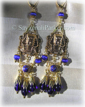 Load image into Gallery viewer, Antique Style 1920s Deco Egyptian Revival Earrings - Vintage Pharaohs Cobalt Blue Glass - Egyptian Jewelry - Egyptian Style Earrings -  Made to Order
