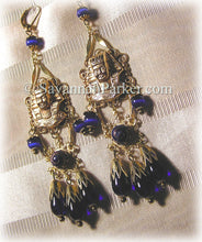 Load image into Gallery viewer, Antique Style 1920s Deco Egyptian Revival Earrings - Vintage Pharaohs Cobalt Blue Glass - Egyptian Jewelry - Egyptian Style Earrings -  Made to Order
