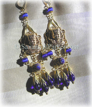 Load image into Gallery viewer, Antique Style 1920s Deco Egyptian Revival Earrings - Vintage Pharaohs Cobalt Blue Glass - Egyptian Jewelry - Egyptian Style Earrings -  Made to Order
