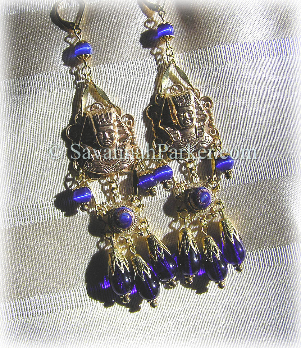 Antique Style 1920s Deco Egyptian Revival Earrings - Vintage Pharaohs Cobalt Blue Glass - Egyptian Jewelry - Egyptian Style Earrings -  Made to Order