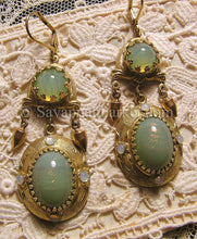 Load image into Gallery viewer, Antique Style Victorian Edwardian Earrings - Celadon Green Glittering Art Glass - Victorian Inspired Earrings by Savannah Parker - Made to Order
