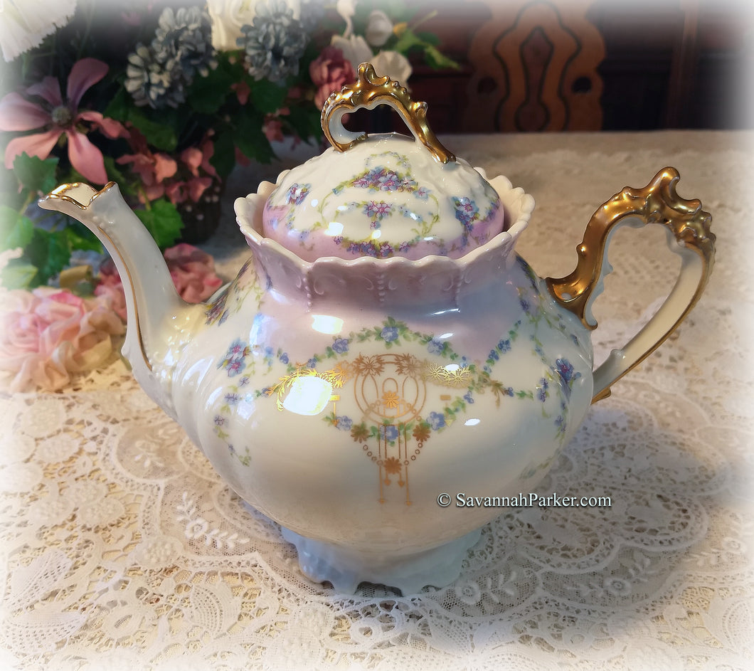 SOLD Elegant Large Antique Limoges Style M Z Austria Belle Epoque Lilac and Blue Forget me Nots Floral Teapot, Applied Gold, Shabby Chic Decor