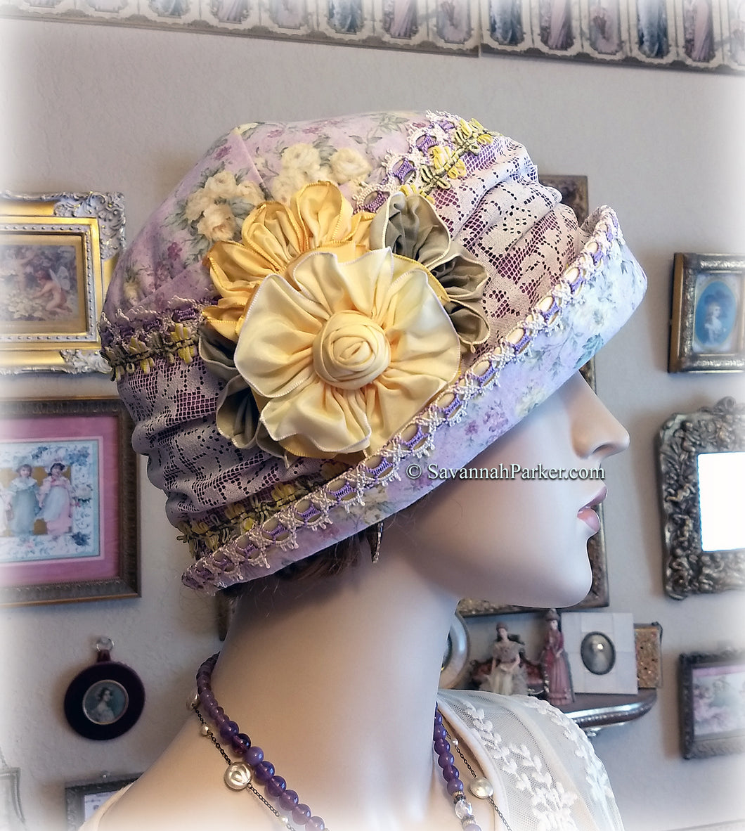 SOLD OUT 1920s Antique Style Gatsby Flapper Hat Downton Abbey Lavender and Yellow Summer Cloche Hat - Ready to Ship - Antique Lace -Ribbonwork Flower