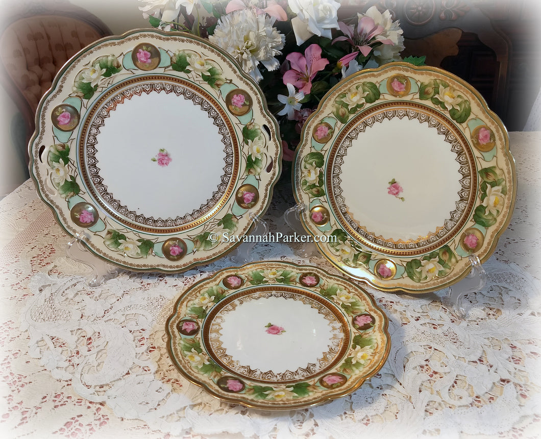 Lovely MZ Austria Set of 3 Antique Cake Dessert Plates, Hand Painted with Pink Roses, Water Lilies, Gold, Graduated Sizes, Shabby Chic