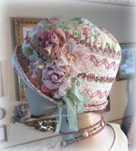 Load image into Gallery viewer, SOLD Antique Style 20s Gatsby Flapper Hat Downton Abbey Pink Roses Pale Yellow Cloche Hat - Ready to Ship - Antique Lace - Handmade Silk Roses
