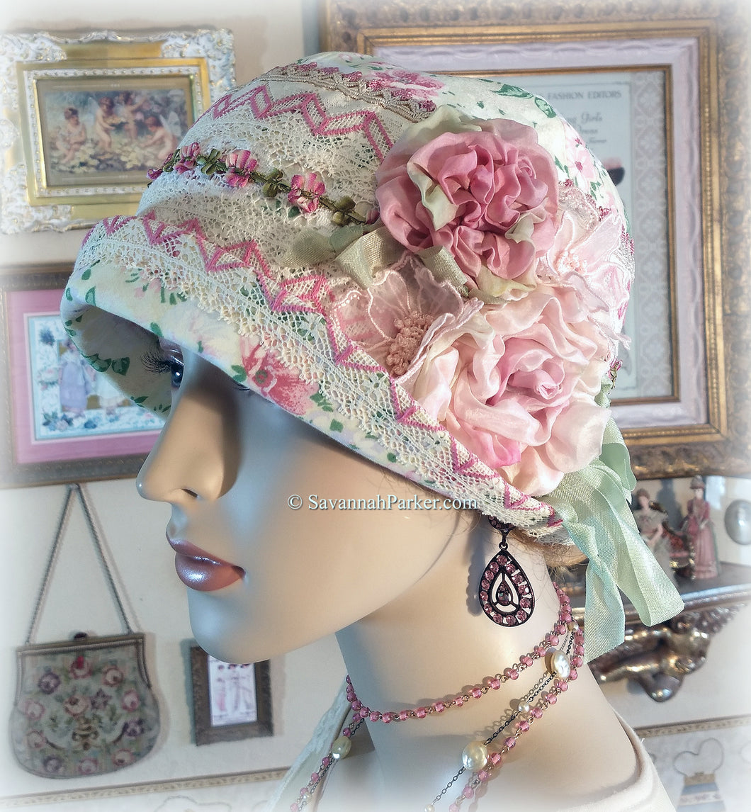 SOLD Antique Style 20s Gatsby Flapper Hat Downton Abbey Pink Roses Pale Yellow Cloche Hat - Ready to Ship - Antique Lace - Handmade Silk Roses
