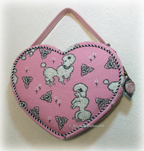 Load image into Gallery viewer, FABulous Paris Poodles Pink and Black Retro Heart Shaped Purse Handbag, Handsewn Piping and Binding, Jeweled Detachable Strap, Jewel Charms
