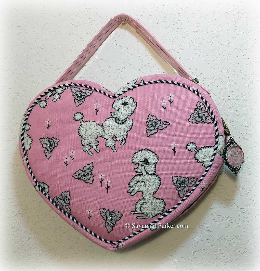 FABulous Paris Poodles Pink and Black Retro Heart Shaped Purse Handbag, Handsewn Piping and Binding, Jeweled Detachable Strap, Jewel Charms