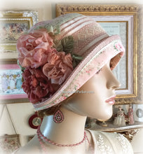 Load image into Gallery viewer, Antique Style 1920s Gatsby Flapper Hat Downton Abbey Peach Coral and Green Summer Cloche Hat - Ready to Ship - Antique Lace - Handmade Silk Roses
