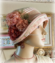 Load image into Gallery viewer, Antique Style 1920s Gatsby Flapper Hat Downton Abbey Peach Coral and Green Summer Cloche Hat - Ready to Ship - Antique Lace - Handmade Silk Roses
