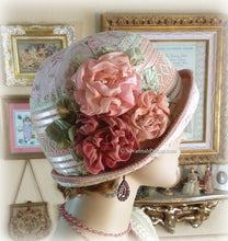 Load image into Gallery viewer, Antique Style 1920s Gatsby Flapper Hat Downton Abbey Peach Coral and Green Summer Cloche Hat - Ready to Ship - Antique Lace - Handmade Silk Roses
