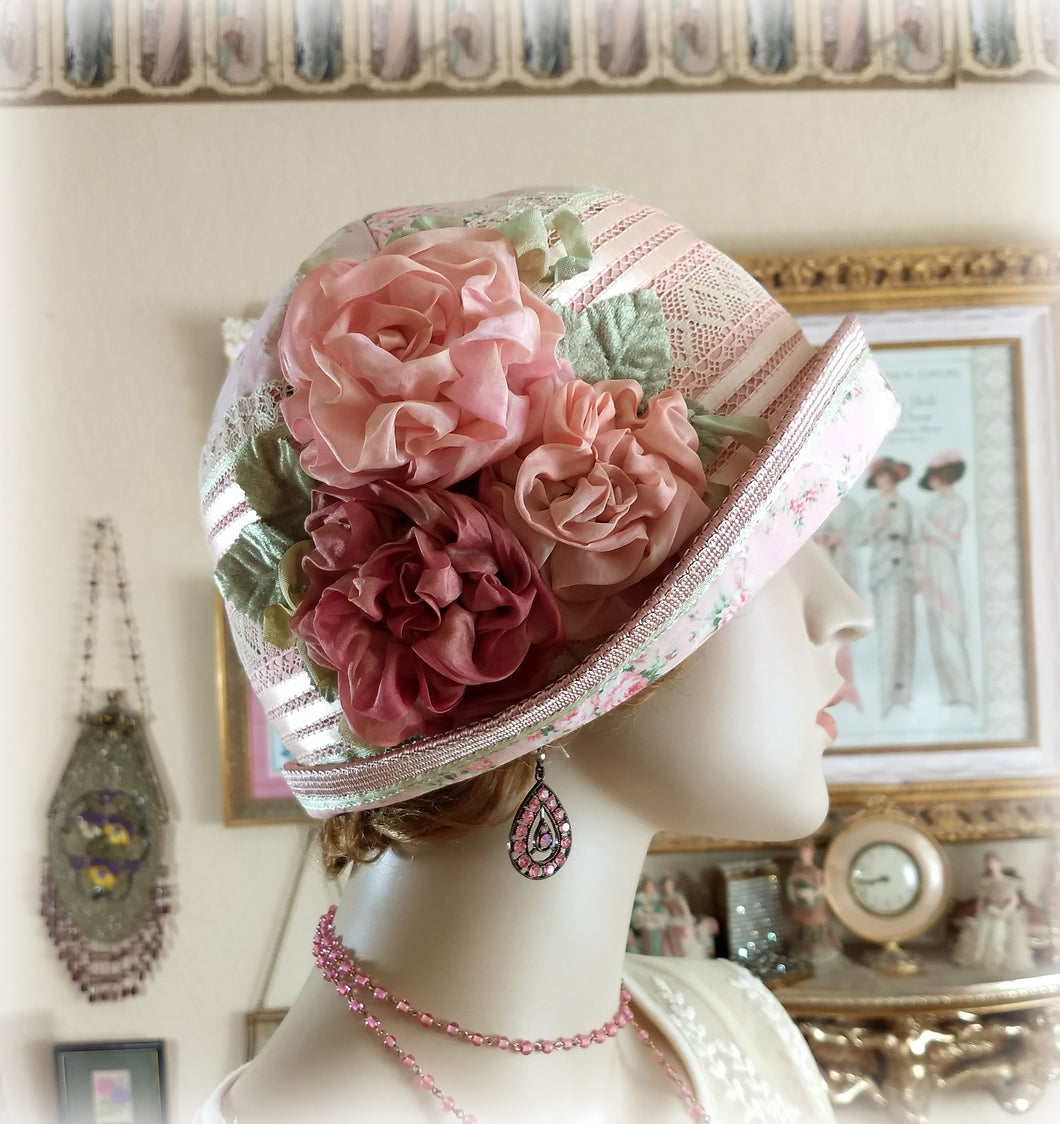 Antique Style 1920s Gatsby Flapper Hat Downton Abbey Peach Coral and Green Summer Cloche Hat - Ready to Ship - Antique Lace - Handmade Silk Roses