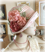 Load image into Gallery viewer, Antique Style 1920s Gatsby Flapper Hat Downton Abbey Peach Coral and Green Summer Cloche Hat - Ready to Ship - Antique Lace - Handmade Silk Roses
