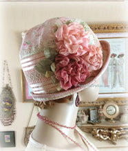 Load image into Gallery viewer, Antique Style 1920s Gatsby Flapper Hat Downton Abbey Peach Coral and Green Summer Cloche Hat - Ready to Ship - Antique Lace - Handmade Silk Roses
