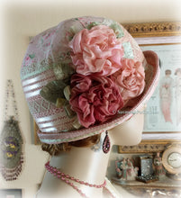 Load image into Gallery viewer, Antique Style 1920s Gatsby Flapper Hat Downton Abbey Peach Coral and Green Summer Cloche Hat - Ready to Ship - Antique Lace - Handmade Silk Roses
