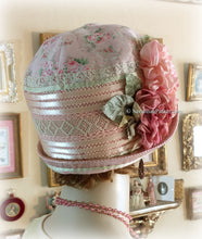 Load image into Gallery viewer, Antique Style 1920s Gatsby Flapper Hat Downton Abbey Peach Coral and Green Summer Cloche Hat - Ready to Ship - Antique Lace - Handmade Silk Roses
