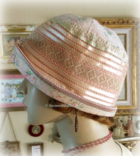 Load image into Gallery viewer, Antique Style 1920s Gatsby Flapper Hat Downton Abbey Peach Coral and Green Summer Cloche Hat - Ready to Ship - Antique Lace - Handmade Silk Roses
