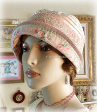 Load image into Gallery viewer, Antique Style 1920s Gatsby Flapper Hat Downton Abbey Peach Coral and Green Summer Cloche Hat - Ready to Ship - Antique Lace - Handmade Silk Roses
