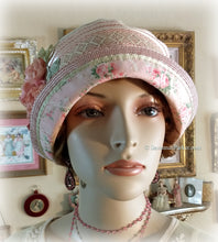 Load image into Gallery viewer, Antique Style 1920s Gatsby Flapper Hat Downton Abbey Peach Coral and Green Summer Cloche Hat - Ready to Ship - Antique Lace - Handmade Silk Roses
