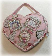 Load image into Gallery viewer, SOLD Gorgeous Pink Perfume Labels Vintage Style Heart Shaped Purse Handbag, Handsewn Piping and Binding, Jeweled Detachable Strap, Jewel Charms
