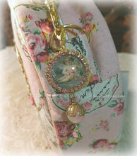 Load image into Gallery viewer, SOLD Gorgeous Pink Perfume Labels Vintage Style Heart Shaped Purse Handbag, Handsewn Piping and Binding, Jeweled Detachable Strap, Jewel Charms
