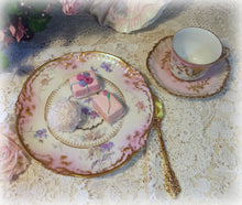 Load image into Gallery viewer, SOLD Breathtaking Antique Limoges France Hand Painted Pink and Blue w Heavy Gold China Tea Trio, Cup, Saucer, Luncheon Plate ~ Shabby Chic

