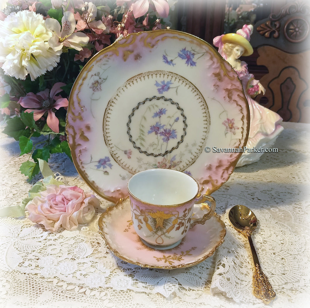 SOLD Breathtaking Antique Limoges France Hand Painted Pink and Blue w Heavy Gold China Tea Trio, Cup, Saucer, Luncheon Plate ~ Shabby Chic