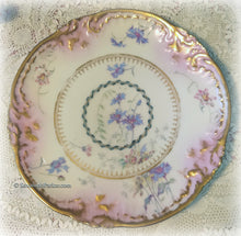 Load image into Gallery viewer, SOLD Breathtaking Antique Limoges France Hand Painted Pink and Blue w Heavy Gold China Tea Trio, Cup, Saucer, Luncheon Plate ~ Shabby Chic
