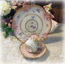 Load image into Gallery viewer, SOLD Breathtaking Antique Limoges France Hand Painted Pink and Blue w Heavy Gold China Tea Trio, Cup, Saucer, Luncheon Plate ~ Shabby Chic
