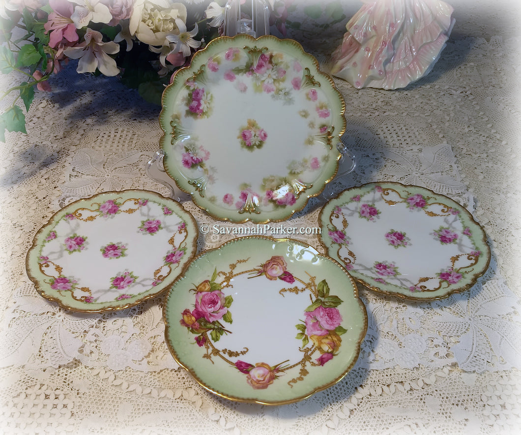 SOLD 4 Antique Limoges France Exquisite Hand Painted Green Pink Roses China Tea Plates with Gold, Wedding Gift, Shabby Chic Cottage, Wall Decor