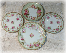 Load image into Gallery viewer, SOLD 4 Antique Limoges France Exquisite Hand Painted Green Pink Roses China Tea Plates with Gold, Wedding Gift, Shabby Chic Cottage, Wall Decor
