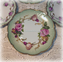 Load image into Gallery viewer, SOLD 4 Antique Limoges France Exquisite Hand Painted Green Pink Roses China Tea Plates with Gold, Wedding Gift, Shabby Chic Cottage, Wall Decor
