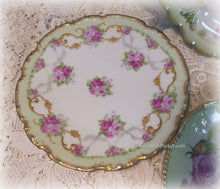 Load image into Gallery viewer, SOLD 4 Antique Limoges France Exquisite Hand Painted Green Pink Roses China Tea Plates with Gold, Wedding Gift, Shabby Chic Cottage, Wall Decor
