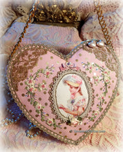 Load image into Gallery viewer, SOLD Exquisite Victorian Valentine Ribbonwork Roses Pink Heart Shaped Purse Handbag, Silk Ribbon Embroidery, Antique Gold Lace, Double Zippers

