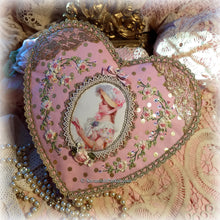 Load image into Gallery viewer, SOLD Exquisite Victorian Valentine Ribbonwork Roses Pink Heart Shaped Purse Handbag, Silk Ribbon Embroidery, Antique Gold Lace, Double Zippers
