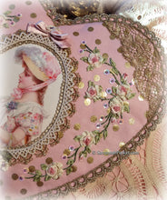 Load image into Gallery viewer, SOLD Exquisite Victorian Valentine Ribbonwork Roses Pink Heart Shaped Purse Handbag, Silk Ribbon Embroidery, Antique Gold Lace, Double Zippers

